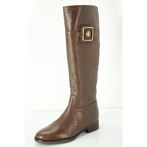 Tory Burch Leather Julian Logo Plaque Riding Boots  Coconut 5.5